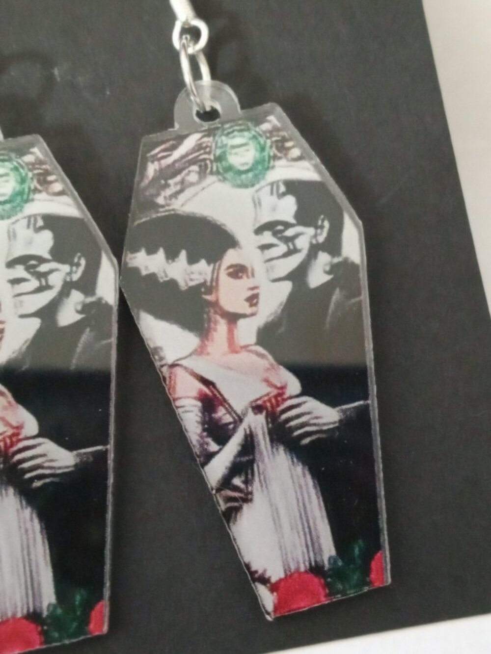 Handmade gothic coffin earrings featuring Frankenstein’s Monster and the Bride - Picture 3 of 4